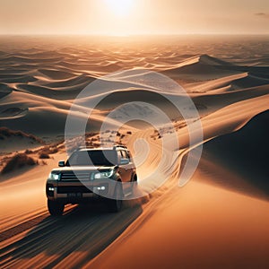 An SUV driving through the sand dunes, in the style of Australian landscape