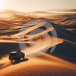 An SUV driving through the sand dunes, in the style of Australian landscape