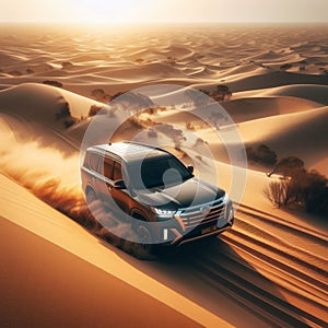 An SUV driving through the sand dunes, in the style of Australian landscape