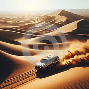 An SUV driving through the sand dunes, in the style of Australian landscape