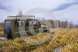 SUV in the marshes. The SUV drives through the swamps or marshes using a winch. Passable transport.