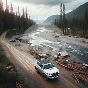 SUV moves down country road, next to river, ready for camping