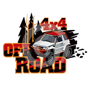 SUV rides in the wild. Logo of the event. Rally on the rough terrain on a tuned car