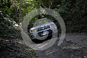 SUV Suzuki Vitara makes its way along a narrow forest path.