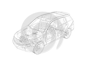 Suv technical drawing with all main internal parts.