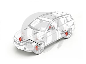 Suv technical drawing showing brakes system.