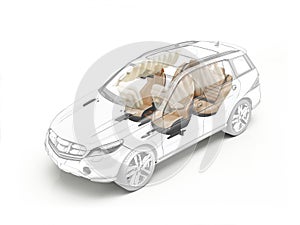 Suv technical drawing showing seats and airbags.