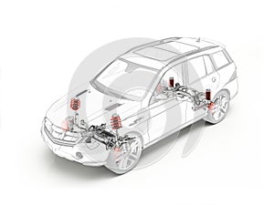 Suv technical drawing showing suspension system. photo