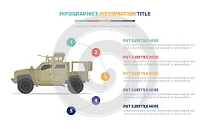 Suv war with machine gun on top infographic template concept with five points list and various color with clean modern white