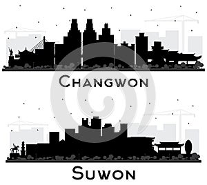 Suwon and Changwon South Korea City Skyline Silhouettes Set