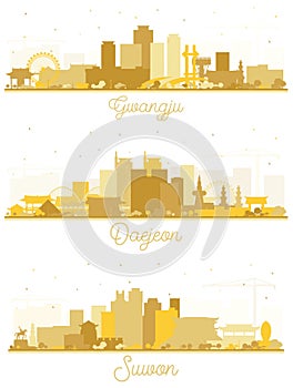 Suwon, Daejeon and Gwangju South Korea City Skyline Silhouette Set with Golden Buildings Isolated on White