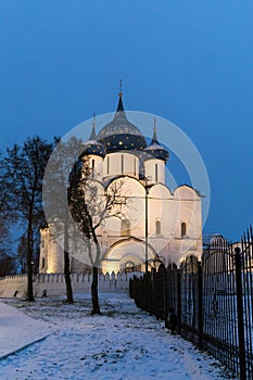 Suzdal, Russia. Nativity Cathedral of Suzdal Kremlin at night in spring