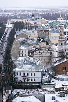 Suzdal, Russia. Small town with small houses in winter. Top view, urban landscape