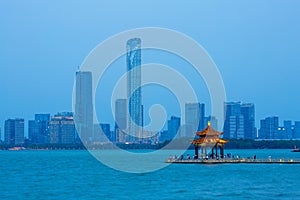 Suzhou Jinjihu lake and skyline, Jiangsu China