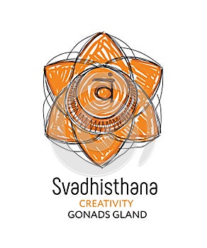 Svadhisthana - the second primary chakra. Vector hand drawn illustration - for yoga studio. Symbol  of energy center, gonads gland