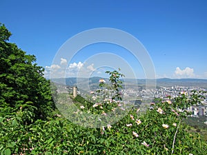 Svan tower in Open Air Museum of Ethnography and Tbilisi cityscape on the background. City view from mount Mtatsminda, Tbilisi,