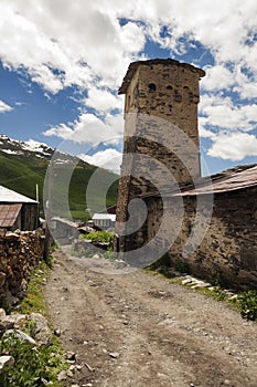 Svan tower in Ushguli village, Svanetia green region in Georgia - Caucasus mountains
