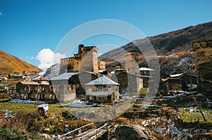 Svan Towers in Chazhashi village in Ushguli, Caucasus, Upper Svaneti, Georgia