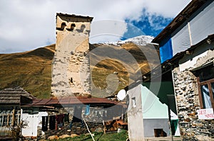 Svan Towers and machub house with flagstone, Ushguli, Svaneti, Georgia