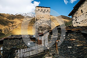 Svan Towers and machub house with flagstone, Ushguli, Svaneti, Georgia