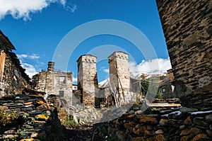 Svan Towers and machub house with flagstone, Ushguli, Svaneti, Georgia