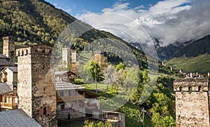 Svan towers in Mestia at sunrise, Svaneti, Georgia.