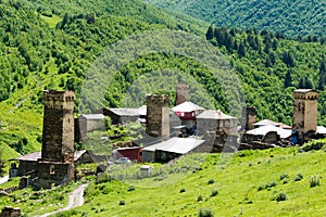 Svan Towers at Ushguli village in Samegrelo-Zemo Svaneti, Georgia. It is part of the UNESCO World Heritage Site.