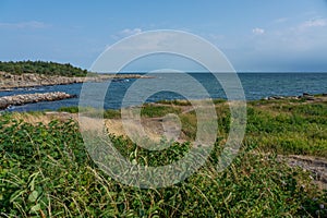 Svaneke, Bornholm / Denmark - July 29 2019: View out over the sea shore of Baltic Sea in Bornholm