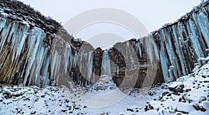 Svartifoss iceland black waterfall completely frozen with bluish stalactites and snow under white sky photo