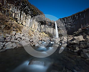 Svartifoss in Iceland with rainbow midday no clouds