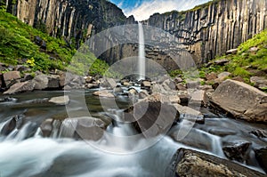 Svartifoss is a waterfall in Skaftafell in VatnajÃ¶kull National Park in Iceland.