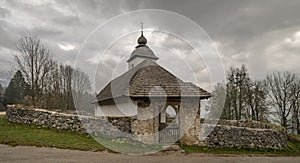 Sveta Katarina church over Zasip village in spring morning in Slovenia