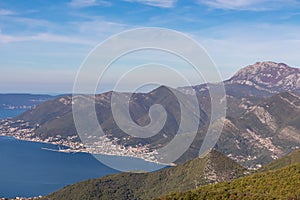 Sveti Ilija - Panoramic view from mountain summit of Sveti Ilija on Kotor bay in sunny summer, Montenegro