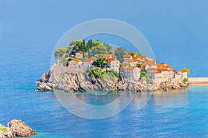 Sveti Stefan airview, island and hotel resort in Montenegro, southeast of Budva. Balkans, Adriatic sea, Europe. Travel photo