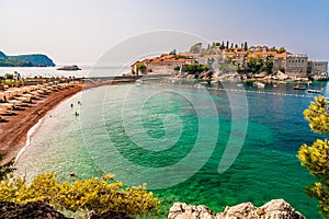 Sveti Stefan beach on the Adriatic Sea, Montenegro