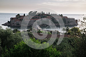 Sveti Stefan island at Adriatic sea sunset, Montenegro