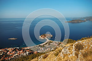 Sveti Stefan island in Budva. Montenegro. Landscape.