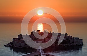 Sveti Stefan island in Budva in sunset