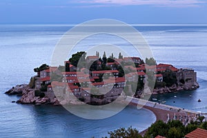 Sveti Stefan island at sunrise. Adriatic sea, Montenegro