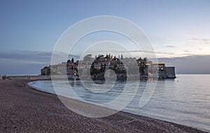 Sveti Stefan island at sunset, Montenegro