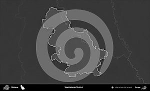 Svietlahorsk District highlighted, Belarus. Grayscale