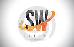 SW S W Letter Logo with Fire Flames Design and Orange Swoosh.