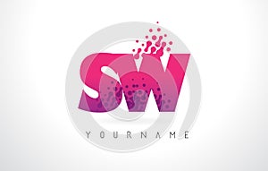 SW S W Letter Logo with Pink Purple Color and Particles Dots Design.