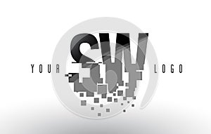 SW S W Pixel Letter Logo with Digital Shattered Black Squares