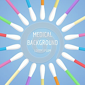 Swabs, ear sticks in flat style on blue background. Medical tools, hygiene objects