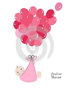 Swaddle baby girl announcement card with balloon