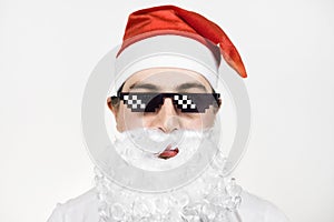 Swag Santa Claus in funny pixelated sunglasses on white background. Gangster, boss, thug life meme. 8bit style. Holly Jolly x Mas