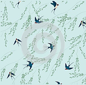 seamless floral pattern with swallow on the blue background