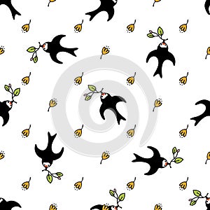 Swallow-bird with a twig and flowers. Flying swallows. Bird in flight isolated on wite background. Vector illustration