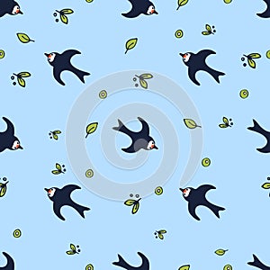 Swallow-bird with a twig. Flying swallows. Bird in flight isolated on blue background. Vector illustration